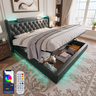 Sunvega Full Size Upholstered Bed with 360 LED Lighting Hydraulic Storage and USB Charging