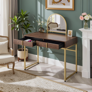 Sunvega White and Gold Vanity Desk with Mirror and Jewelry Storage Tray