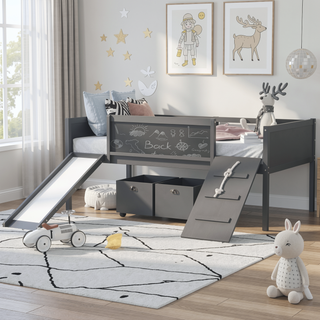 Sunvega Twin Size Pine Wood Loft Bed with Climbing Frame and Slide