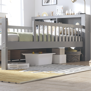 Sunvega Twin Size Bed with Headboard Storage, Two Under-Bed Drawers, and Three-Side Guardrails