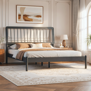 Sunvega Solid Pine Wood Queen Spindle Bed with Slat-Back Design for Modern Interiors