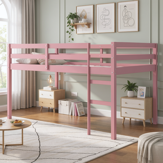 Sunvega Espresso Rubber Wood Low Height Loft Bed with Ladder for Bedroom
