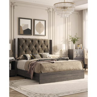 Sunvega Fabric Upholstered Button Tufted Panel Bed with Wooden Frame