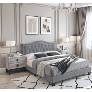 Sunvega European Queen Size Bed with Button Tufted Headboard and Charcoal Finish
