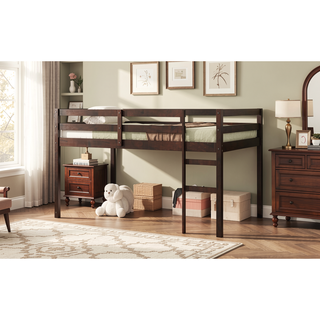 Sunvega Espresso Rubber Wood Low Height Loft Bed with Ladder for Bedroom