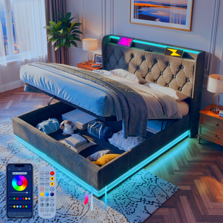 Sunvega Full Size Upholstered Bed with 360 LED Lighting Hydraulic Storage and USB Charging