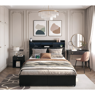 Sunvega Queen Storage Bed Frame with Headboard Charging Station and 4 Drawers