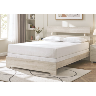 Sunvega Rustic Contemporary Platform Bed Frame with White Wash Finish and Slat Headboard