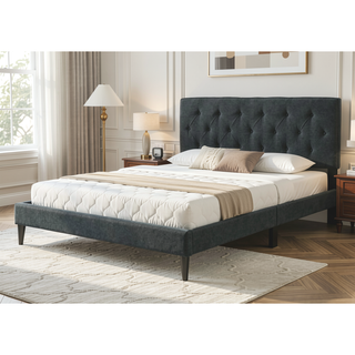Sunvega Queen Upholstered Pleated Bed in a Box with Sturdy Dark Brown Frame