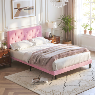 Sunvega Modern Upholstered Platform Bed Frame with Button Tufted Linen Headboard