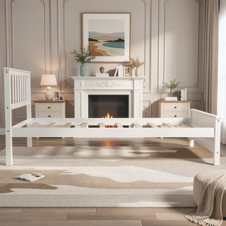 Sunvega White Twin Size Wood Platform Bed with Headboard and Sturdy Wood Slat Support