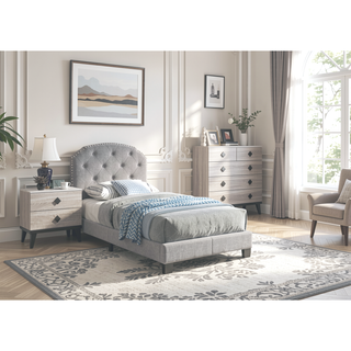 Sunvega Light Gray Finish Twin Size Burlap Fabric Button Tufted Headboard Bed