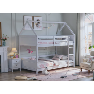 Sunvega Twin Over Twin Wooden House Bunk Bed with Headboards Footboards Guardrails Ladder