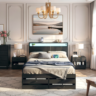 Sunvega Full Size Storage Bed Frame with LED Headboard Charging Station and 8 Drawers