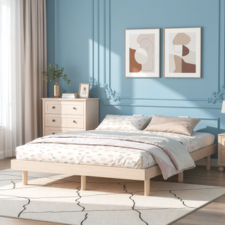 Sunvega Modern Floating Platform Bed Frame in Walnut with Sturdy Wood Construction
