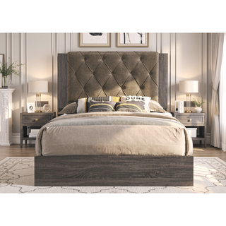 Sunvega Fabric Upholstered Button Tufted Panel Bed with Wooden Frame