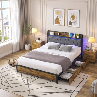 Sunvega Queen Size Storage Bed Frame with Charging Station and RGB LED Lights