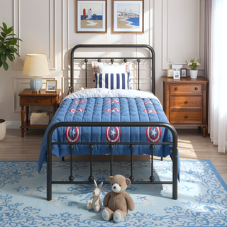 Sunvega Victorian Style Queen Size Metal Platform Bed Frame with Headboard and Under Bed Storage