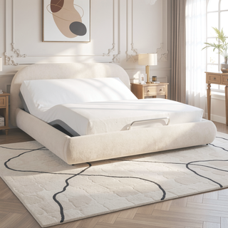 Sunvega Arch Shaped Puffy Upholstered Platform Bed in Oatmeal Light Beige Chenille
