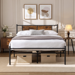 Sunvega Twin Size Metal Bed Frame with Wood Panel Headboard and Under Storage