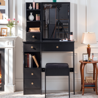 Sunvega Small Space Vanity Table with Cushioned Stool and Extra Large Sliding Mirror
