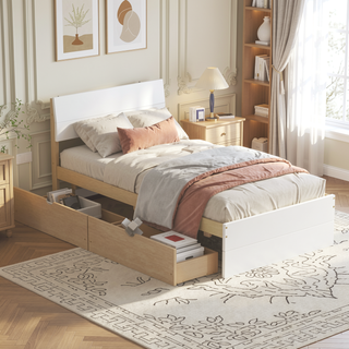 Sunvega Modern White High Gloss Twin Bed Frame with Light Oak Trundle for Space Saving