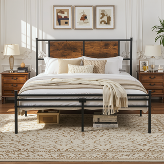 Sunvega Twin Size Metal Bed Frame with Wood Panel Headboard and Under Storage