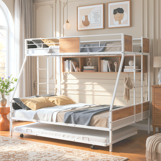 Sunvega Metal Twin over Full Bunk Bed with Trundle and Safety Guardrail