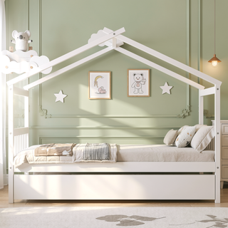 Sunvega Twin Size Wooden House Bed with Trundle and Headboard for Kids Room