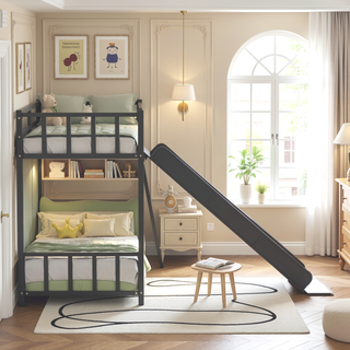 Sunvega Metal Bunk Bed with Slide Ladder and Safety Guard Rails for Kids