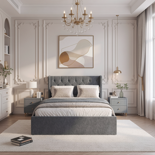 Sunvega Dark Grey Full Size Bed Frame with 4 Storage Drawers and Wingback Headboard