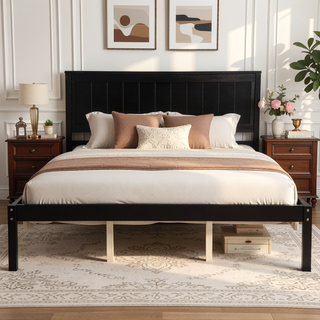 Sunvega Sturdy Wood Platform Bed Frame with Headboard for Queen Size Oak Finish