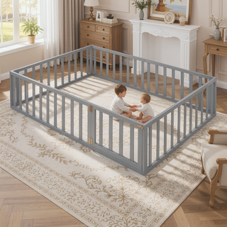 Sunvega Twin Size Wood Floor Bed Frame with Fence and Door in Walnut Finish