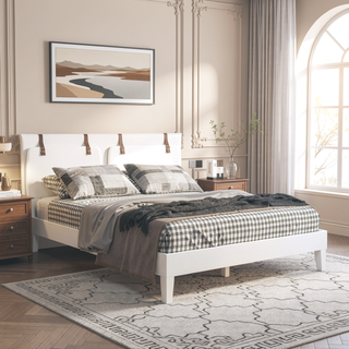 Sunvega Queen Platform Bed in White Crafted from Solid Pine with 28-Slat Support