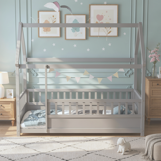Sunvega Twin Size Floor Wooden Bed with House Roof Frame and Fence Guardrails