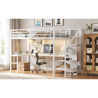 Sunvega Twin XL Size Loft Bed with Wardrobe Stairs USB LED Light and Desk