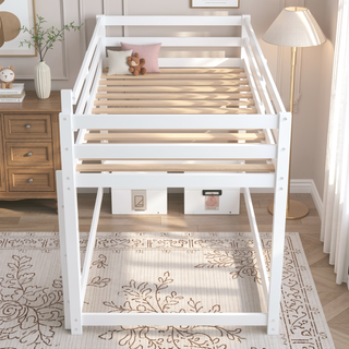 Sunvega Twin over Twin Floor Low Bunk Bed with Ladder for Kids Bedroom