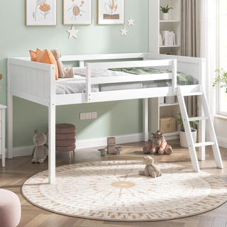 Sunvega White Full Size Low Loft Wood Bed with Convertible Left or Right Ladder