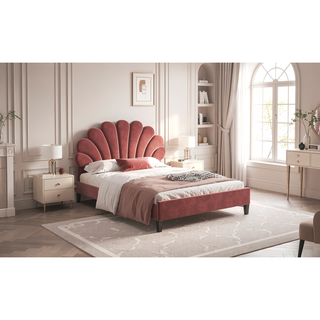 Sunvega Queen Size Upholstered Platform Bed with Flower Pattern Velvet Headboard