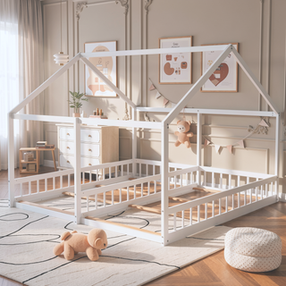 Sunvega Twin Size House Shaped Platform Beds with Safety Guardrails and Roof