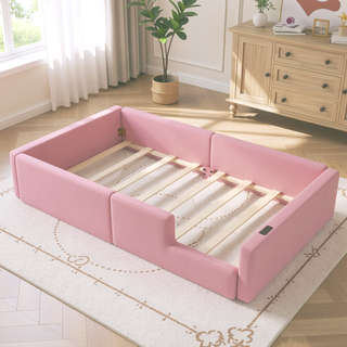 Sunvega Pink Twin Size Upholstered Platform Bed with Guardrail and Charging Station