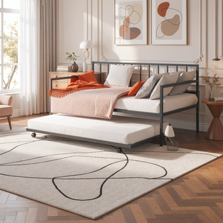 Sunvega Contemporary Black Metal Twin Daybed With Trundle and Full Frame