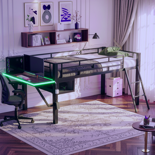Sunvega Gaming Mid Loft Bed with Desk, LED Lights, Twin Size in Black