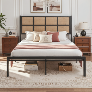 Sunvega White Faux Cane Panel Headboard King Platform Bed with Metal Frame