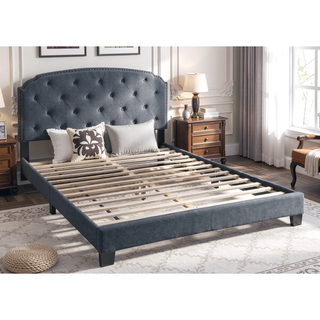 Sunvega Queen Size Charcoal Burlap Button Tufted Headboard Bed with Nailhead Trim