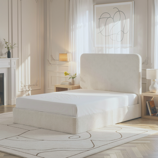 Sunvega Pearl White Chenille Upholstered King Bed with 52 Inch Tall Headboard