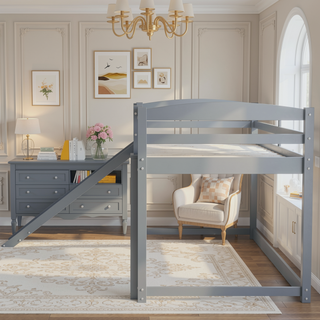 Sunvega Twin over Twin Floor Low Bunk Bed with Ladder for Kids Bedroom