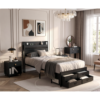 Sunvega Twin Bed Frame with Storage Headboard LED Lights Charging Station Drawers
