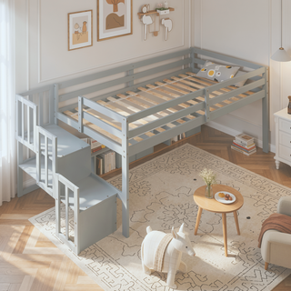 Sunvega Grey Pine Wood Loft Bed with Staircase and Storage Steps