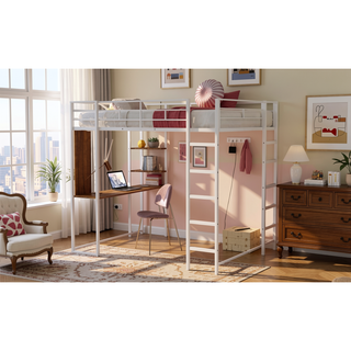 Sunvega Full Size Metal Loft Bed with Desk and 2 Shelves White